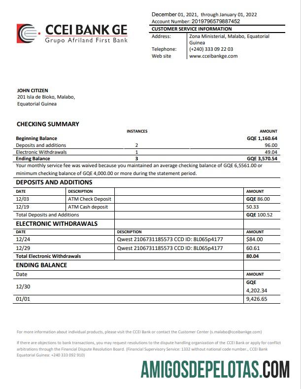 Modelo de extrato bancário CCEI da Guiné Equatorial para download, formato Word e PDF